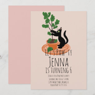 Cute Cat Birthday Party Black Pink Invitation Kaart