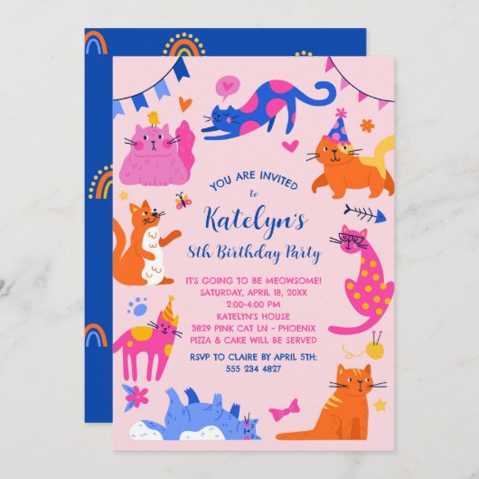Cute Cat Birthday Party Invitation Kaart (Voorkant / Achterkant)