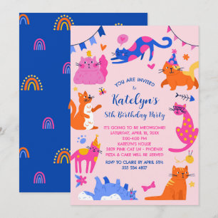 Cute Cat Birthday Party Invitation Kaart