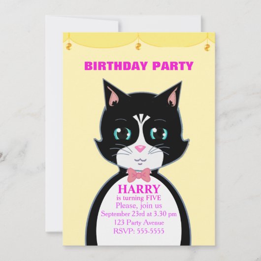 Cute Cat Birthday Party Invitation Kaart (Voorkant)