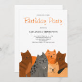Cute Cat Birthday Party Invitation Kaart (Voorkant / Achterkant)