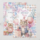 Cute Cat Birthday Party Kaart (Voorkant / Achterkant)