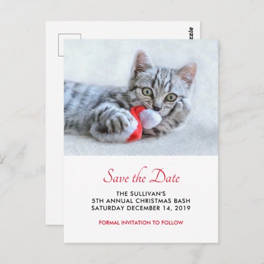 Cute Cat Biting Red Santa Hat Xmas sparen de Datum Briefkaart (Voorkant / Achterkant)