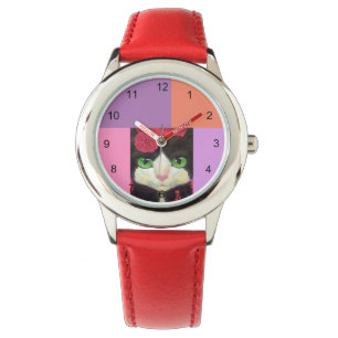 Cute Cat Black en White Tuxedo Illustration Red Horloge