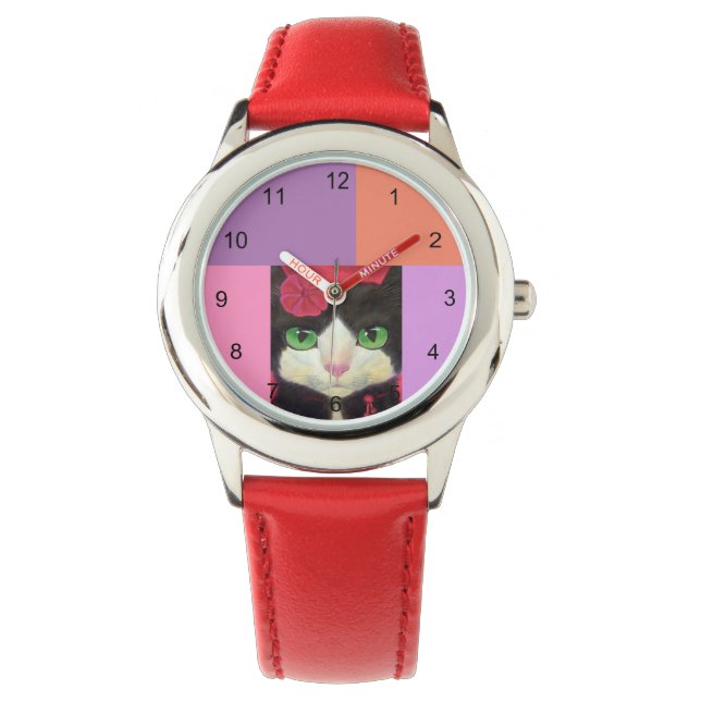 Cute Cat Black en White Tuxedo Illustration Red Horloge (Voorkant)