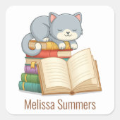 Cute Cat Book Stack Custom Name Bookplate Vierkante Sticker (Voorkant)