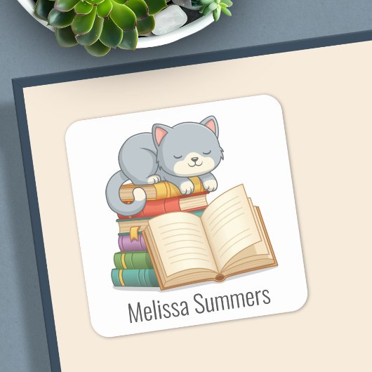 Cute Cat Book Stack Custom Name Bookplate Vierkante Sticker