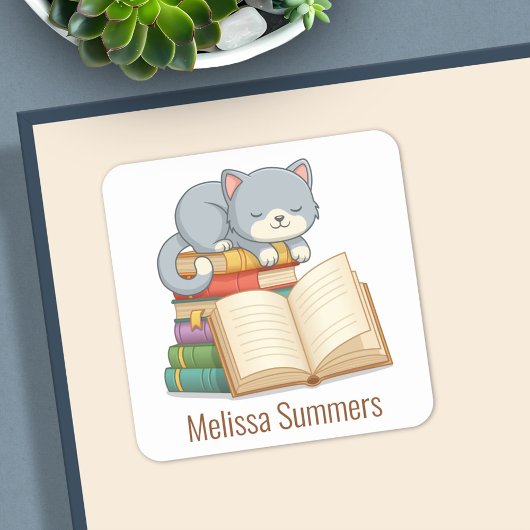 Cute Cat Book Stack Custom Name Bookplate Vierkante Sticker