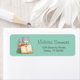 Cute Cat bovenop een boekenstapel op groen Etiket