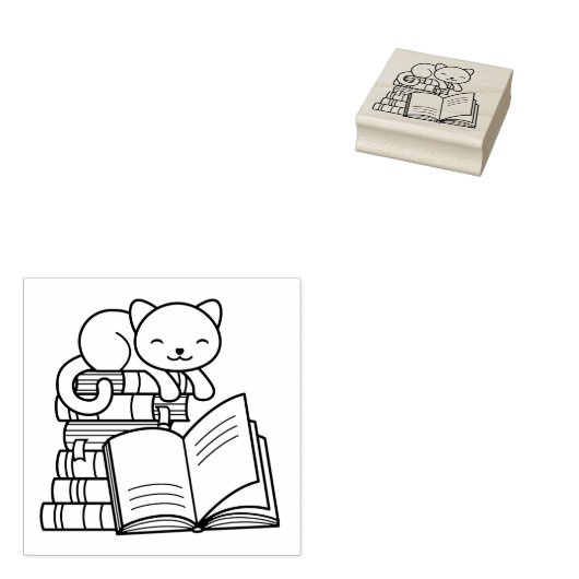 Cute Cat bovenop Stack of Books - Bladplaat Rubberstempel (Gestempeld)