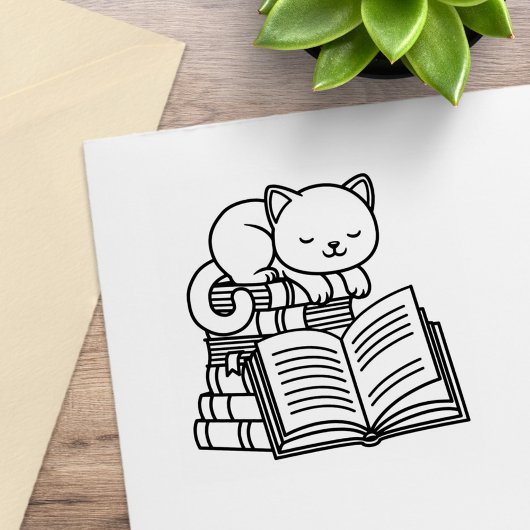 Cute Cat bovenop Stack of Books - Bladplaat Rubberstempel