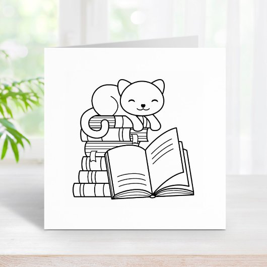 Cute Cat bovenop Stack of Books - Bladplaat Rubberstempel