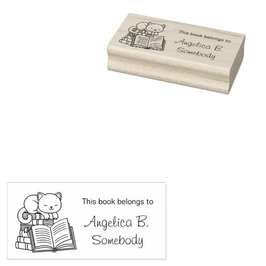 Cute Cat bovenop Stack of Books - Bladplaat Rubberstempel (Gestempeld)