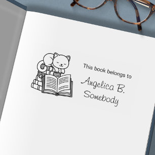 Cute Cat bovenop Stack of Books - Bladplaat Zelfinktende Stempel