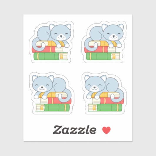 Cute Cat bovenop Stack of Books, set van 4 Sticker (Vel)