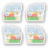 Cute Cat bovenop Stack of Books, set van 4 Sticker (Voorkant)