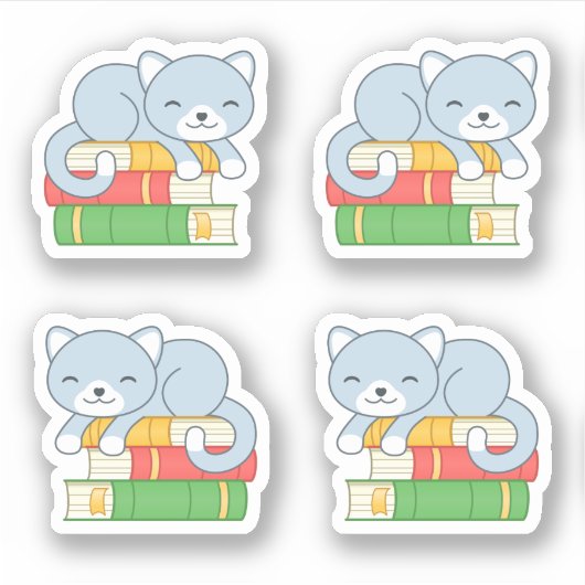 Cute Cat bovenop Stack of Books, set van 4 Sticker (Voorkant)