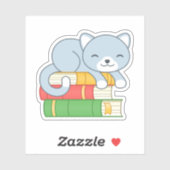 Cute Cat bovenop Stack of Books Sticker (Vel)