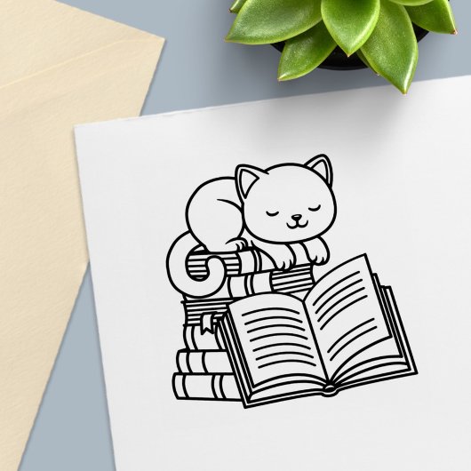Cute Cat bovenop Stack of Books Zelfinktende Stempel