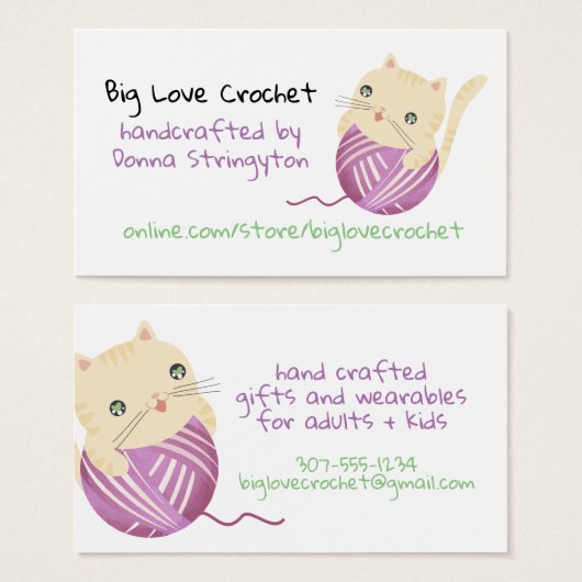 Cute cat breitting crochet homespun visitekaartje (Voorkant /achterkant)