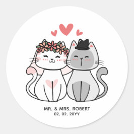 Cute Cat Bride en Groom Wedding Ronde Sticker
