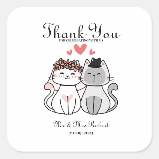 Cute Cat Bride en Groom Wedding Vierkante Sticker (Voorkant)