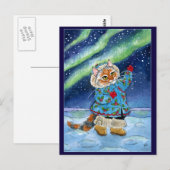 Cute cat, briefkaart met noordelijke lichten (Voorkant / Achterkant)