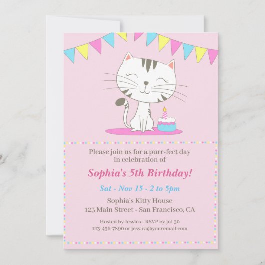 Cute Cat Cartoon Birthday Uitnodiging (Voorkant)