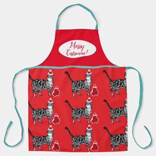 Cute Cat Cats Merry Kerstroe Green Apron Schort (Voorkant)