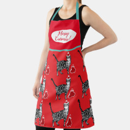 Cute Cat Cats Merry Kerstroe Green Apron Schort