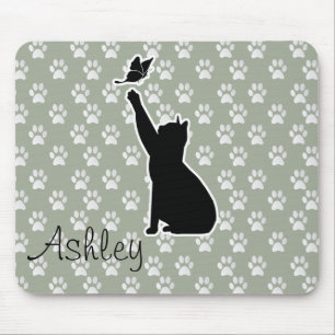 Cute Cat Chasing a vlinder Pattern Monogram Muismat