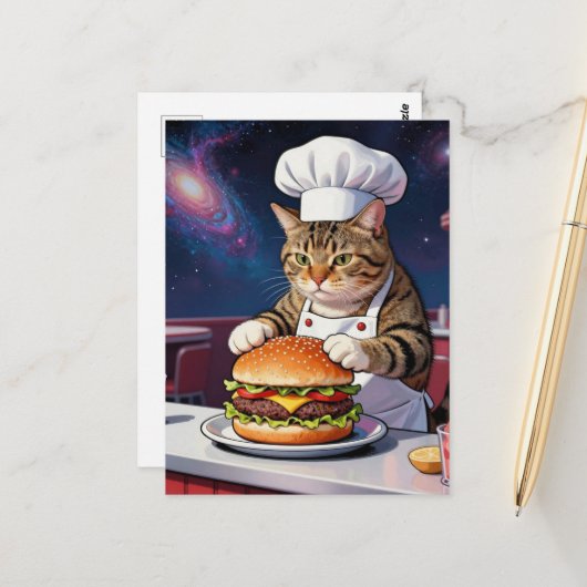 Cute Cat Chef Making CheeseBurger in Space Diner Briefkaart (Voorkant / Achterkant in situ)