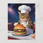 Cute Cat Chef Making CheeseBurger in Space Diner Briefkaart (Voorkant)
