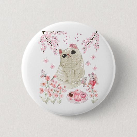 Cute Cat Cherry Blossom Ronde Button 5,7 Cm (Voorkant)