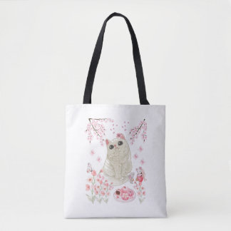 Cute Cat Cherry Blossom Tote Bag