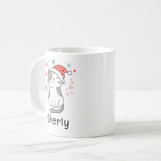 Cute Cat Christmas Custom Name Koffiemok (Voorkant links)