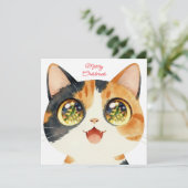 Cute Cat Christmas gazing at tree lights Feestdagenkaart (Staand voorkant)