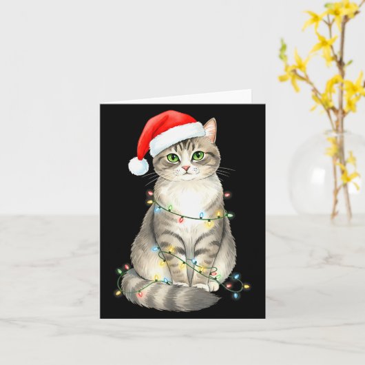 Cute Cat Christmas Lights Santa Hat Snow Holiday A Kaart (Gele Bloem)