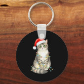 Cute Cat Christmas Lights Santa Hat Snow Holiday A Sleutelhanger (Voorkant)