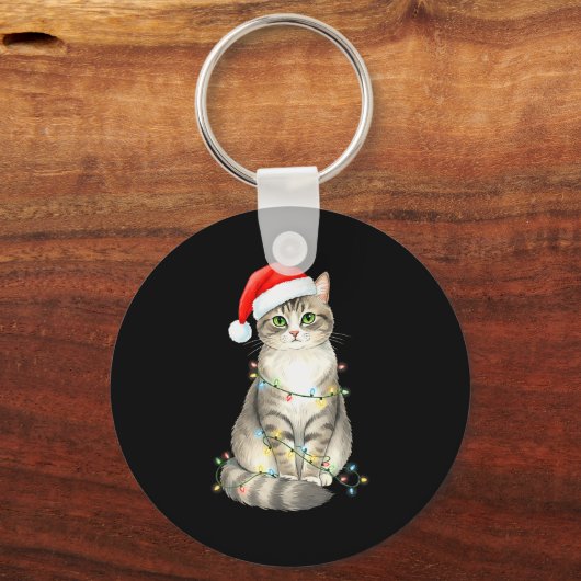 Cute Cat Christmas Lights Santa Hat Snow Holiday A Sleutelhanger (Voorkant)