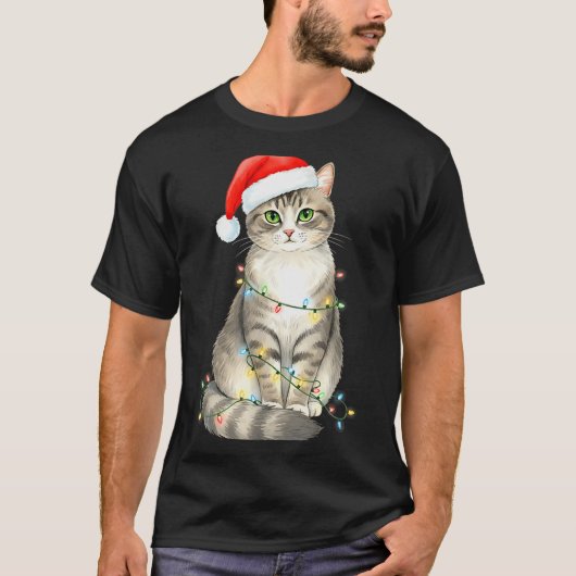 Cute Cat Christmas Lights Santa Hat Snow Holiday A T-shirt (Voorkant)