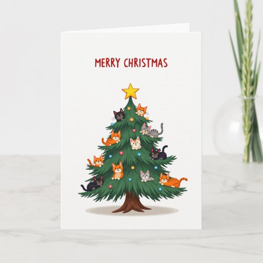 Cute Cat Christmas Tree Merry Holiday Card Kaart (Voorkant)