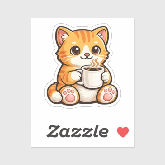 Cute Cat Coffee – Cozy Orange Cat Drinking Coffee  Sticker (Vel)