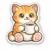 Cute Cat Coffee – Cozy Orange Cat Drinking Coffee  Sticker (Voorkant)