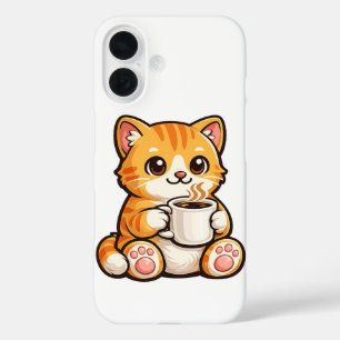 Cute Cat Coffee – Knus Oranje Kat Drinkt Koffie iPhone 16 Hoesje