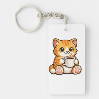 Cute Cat Coffee – Knus Oranje Kat Drinkt Koffie Sleutelhanger