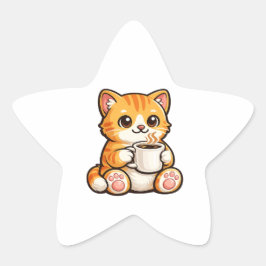 Cute Cat Coffee – Knus Oranje Kat Drinkt Koffie Ster Sticker