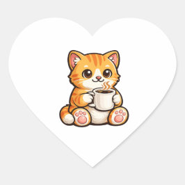Cute Cat Coffee – Knusse Oranje Kat Drinkt Koffie  Hart Sticker