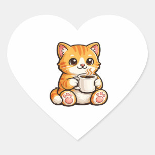 Cute Cat Coffee – Knusse Oranje Kat Drinkt Koffie Hart Sticker