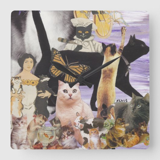 Cute Cat Collage 4 Vierkante Klok (Voorkant)